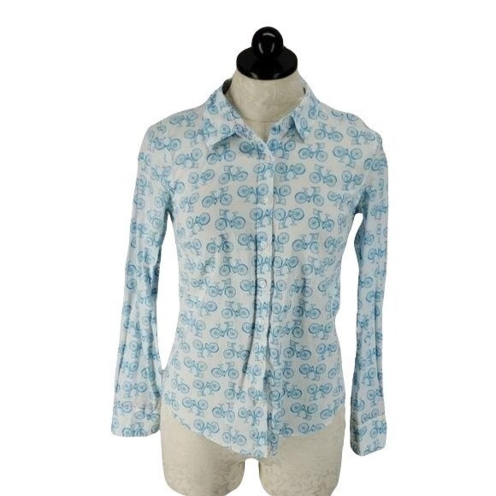 Crown & Ivy Womens XS White Blue Bicycle Print Cotton Button Down Shirt